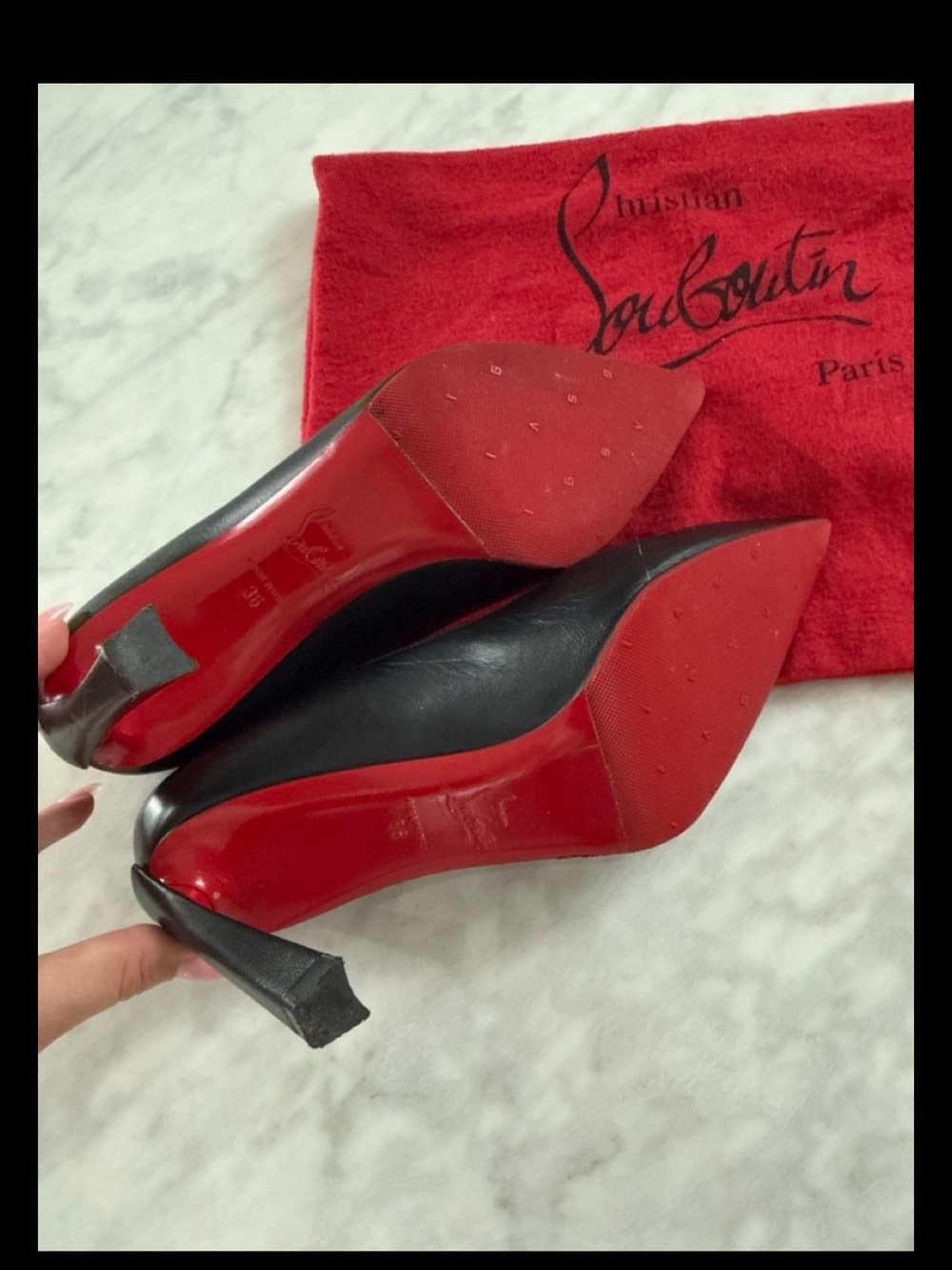 Christian Louboutin Black Leather Pointed Pumps with Red Sole - 3 1/2" Heel - Picture 3 of 8